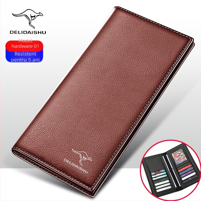 Portofel pentru bărbați, lung, cu fermoar interior, mai multe buzunare pentru carduri, capacitate mare; căptușeală din piele de vită