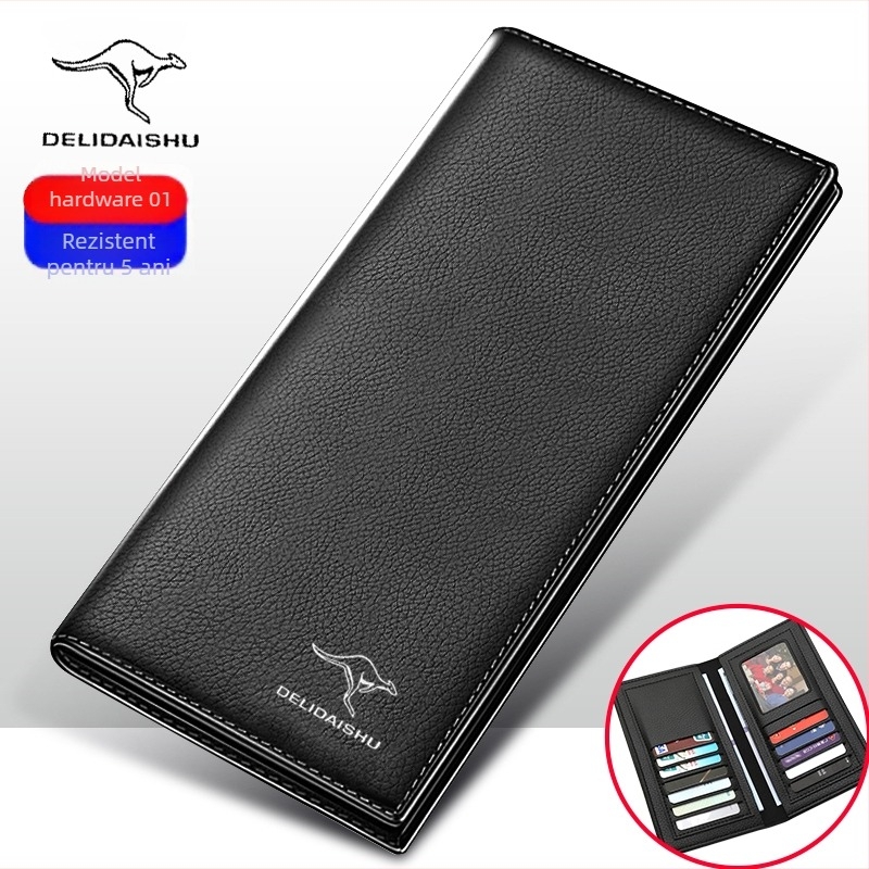 Portofel pentru bărbați, lung, cu fermoar interior, mai multe buzunare pentru carduri, capacitate mare; căptușeală din piele de vită