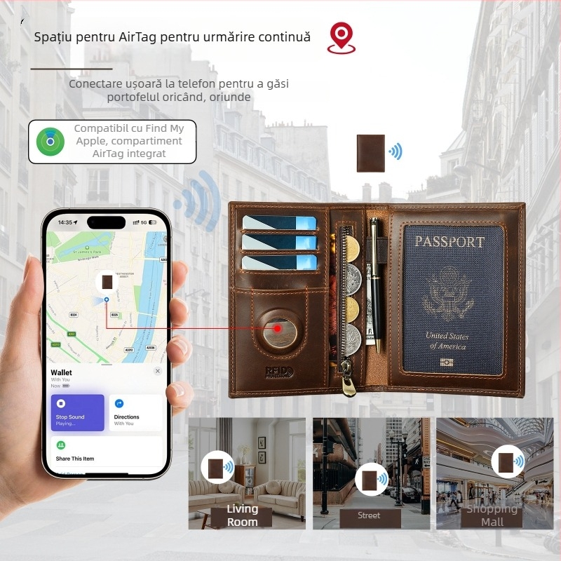 Niucunzh Portofel scurt din piele naturală cu husă pentru pașaport, din primul strat de piele de vită, rezistent la uzură, căptușeală poliester-bumbac, multifuncțional