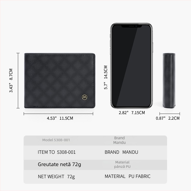 Portofel de bărbați, 2 pliuri, ultra-ușor, stil urban minimalist, protecție anti-furt