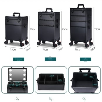 Casetă de machiaj din aliaj de aluminiu, mare, cu oglindă cu LED și iluminare, cu mâner retractabil, roti universale, deschidere cu clapetă, greutate 6–8 kg