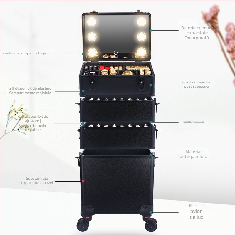 Casetă de machiaj din aliaj de aluminiu, mare, cu oglindă cu LED și iluminare, cu mâner retractabil, roti universale, deschidere cu clapetă, greutate 6–8 kg