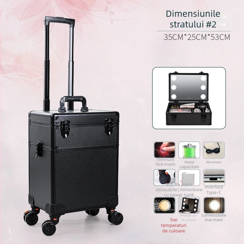 Casetă de machiaj din aliaj de aluminiu, mare, cu oglindă cu LED și iluminare, cu mâner retractabil, roti universale, deschidere cu clapetă, greutate 6–8 kg