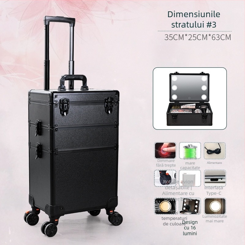 Casetă de machiaj din aliaj de aluminiu, mare, cu oglindă cu LED și iluminare, cu mâner retractabil, roti universale, deschidere cu clapetă, greutate 6–8 kg