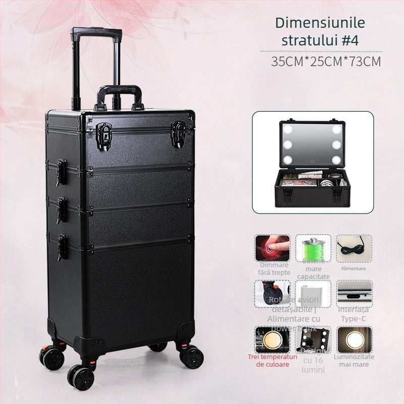 Casetă de machiaj din aliaj de aluminiu, mare, cu oglindă cu LED și iluminare, cu mâner retractabil, roti universale, deschidere cu clapetă, greutate 6–8 kg