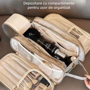 Gentuță de machiaj cu capacitate mare, deschidere cu două compartimente, portabilă, impermeabilă, extensibilă