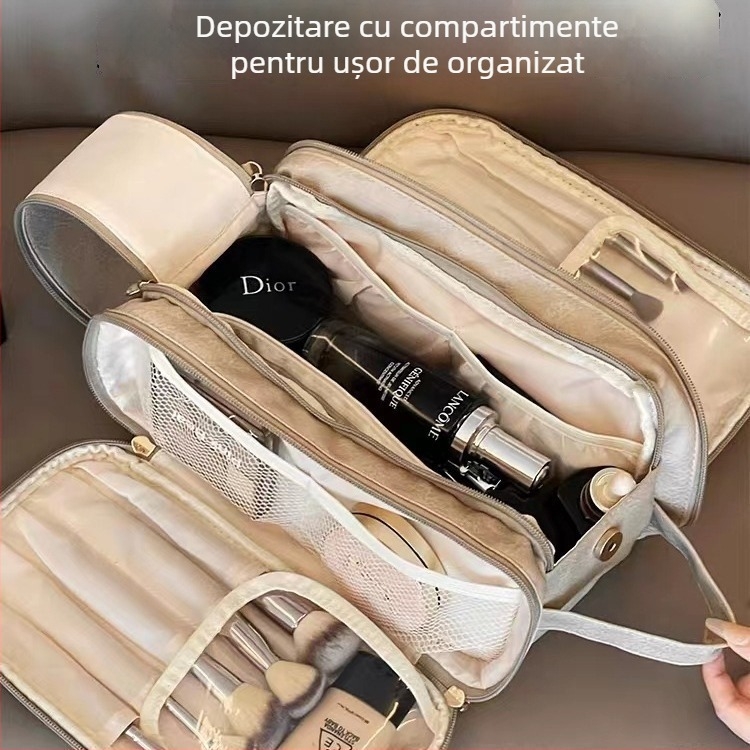 Gentuță de machiaj cu capacitate mare, deschidere cu două compartimente, portabilă, impermeabilă, extensibilă