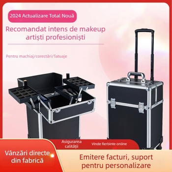Geantă de machiaj cu mai multe etaje, troler cu mâner telescopic, ABS+PC, roți universale, închidere cu lacăt, strat extensibil