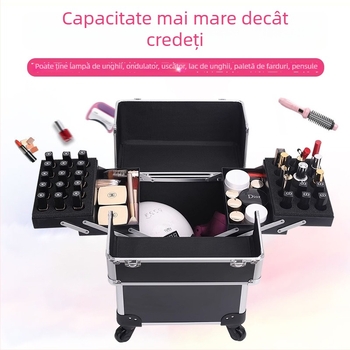 Geantă de machiaj cu mai multe etaje, troler cu mâner telescopic, ABS+PC, roți universale, închidere cu lacăt, strat extensibil