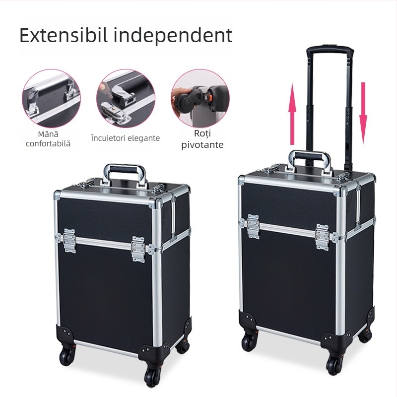 Geantă de machiaj cu mai multe etaje, troler cu mâner telescopic, ABS+PC, roți universale, închidere cu lacăt, strat extensibil