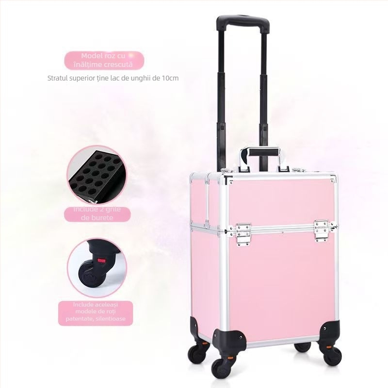 Geantă de machiaj cu mai multe etaje, troler cu mâner telescopic, ABS+PC, roți universale, închidere cu lacăt, strat extensibil