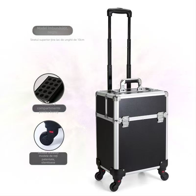 Geantă de machiaj cu mai multe etaje, troler cu mâner telescopic, ABS+PC, roți universale, închidere cu lacăt, strat extensibil