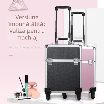 Valiză profesională pentru machiaj, din ABS, cu mâner extensibil, roți universale, închidere cu lacăt