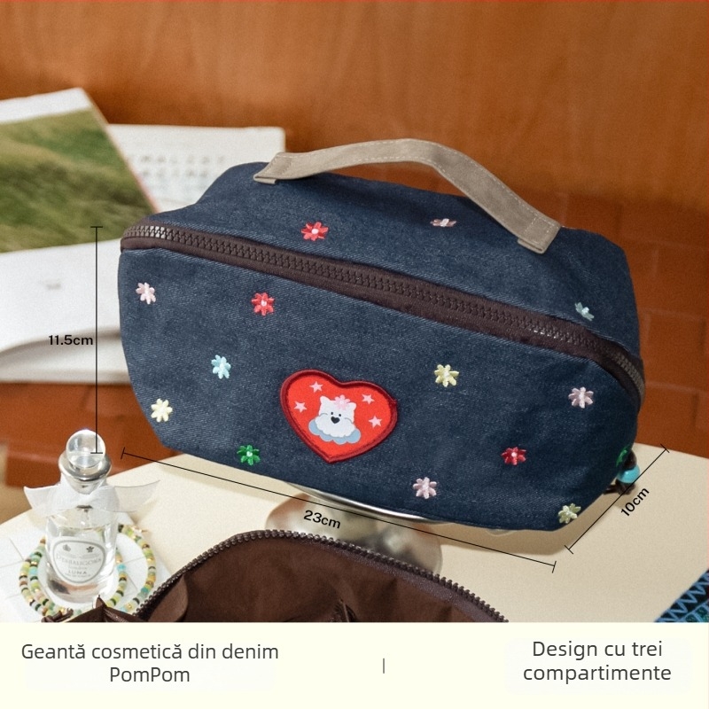 Geantă de makeup din denim, cu broderie cu cățeluș, portabilă pentru călătorii, capacitate mare, fermoar