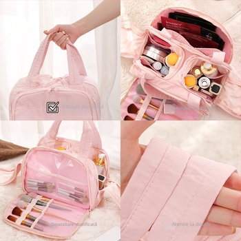 Geantă de machiaj cu deschidere dublă, capacitate mare, design pufos pentru femei – Primăvara 2025