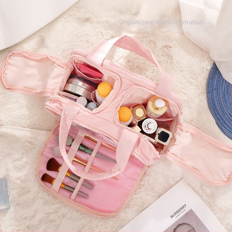 Geantă de machiaj cu deschidere dublă, capacitate mare, design pufos pentru femei – Primăvara 2025