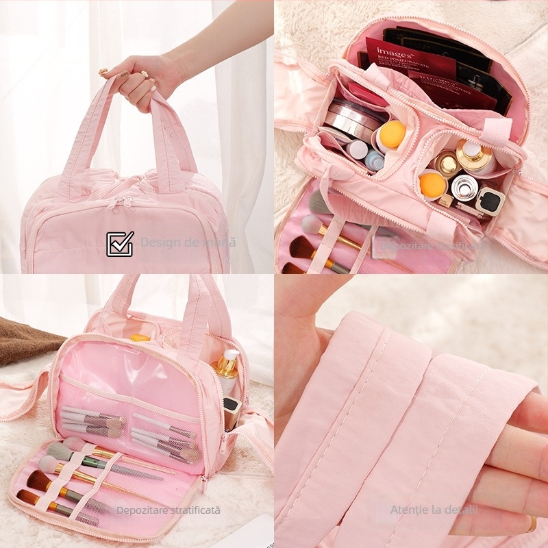Geantă de machiaj cu deschidere dublă, capacitate mare, design pufos pentru femei – Primăvara 2025