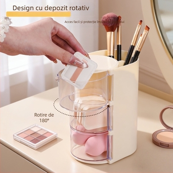 Cutie de depozitare pentru instrumente cosmetic cu capac rotativ, organizator multi-nivel pentru bureți de pudră, din plastic, stil lux ușor