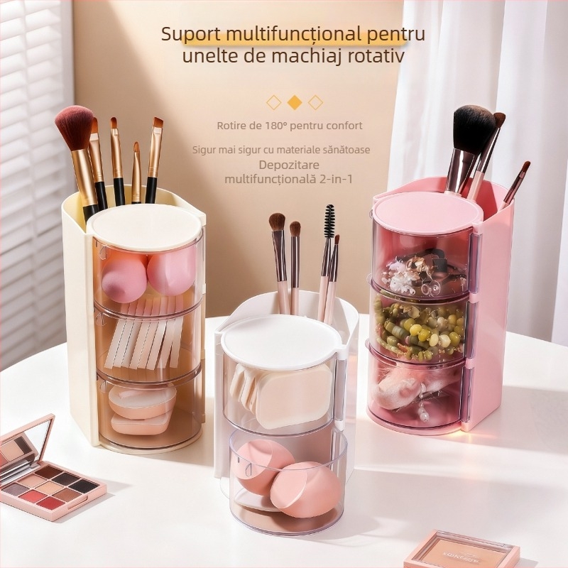Cutie de depozitare pentru instrumente cosmetic cu capac rotativ, organizator multi-nivel pentru bureți de pudră, din plastic, stil lux ușor