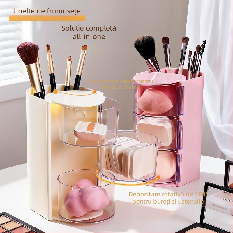 Cutie de depozitare pentru instrumente cosmetic cu capac rotativ, organizator multi-nivel pentru bureți de pudră, din plastic, stil lux ușor