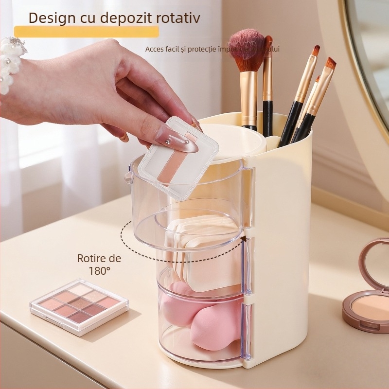 Cutie de depozitare pentru instrumente cosmetic cu capac rotativ, organizator multi-nivel pentru bureți de pudră, din plastic, stil lux ușor