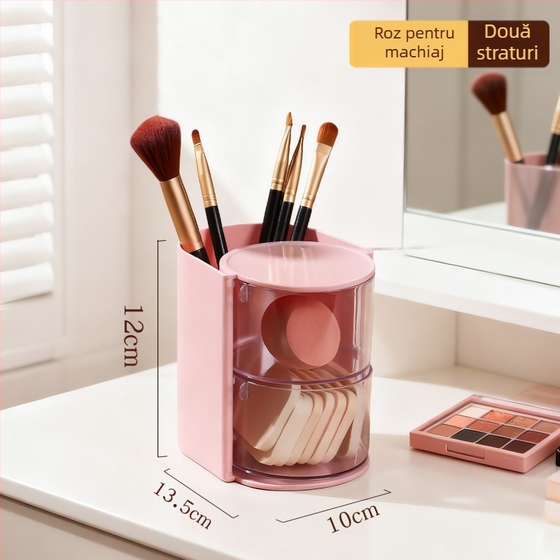 Cutie de depozitare pentru instrumente cosmetic cu capac rotativ, organizator multi-nivel pentru bureți de pudră, din plastic, stil lux ușor