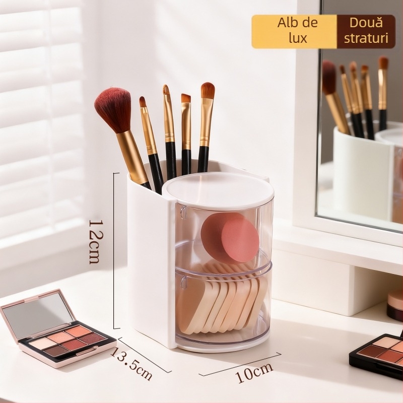 Cutie de depozitare pentru instrumente cosmetic cu capac rotativ, organizator multi-nivel pentru bureți de pudră, din plastic, stil lux ușor
