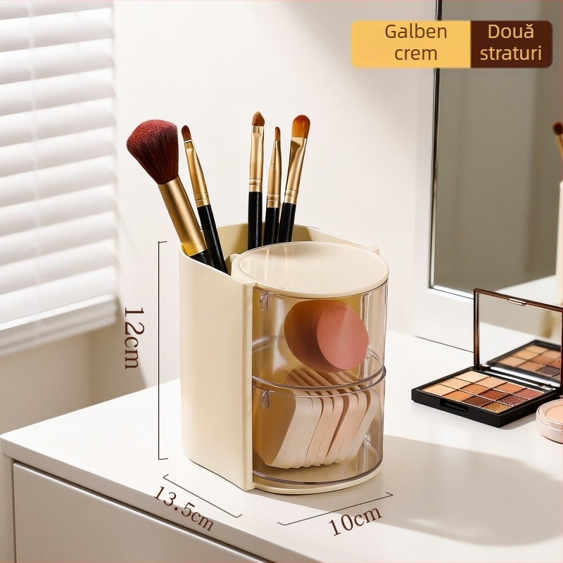 Cutie de depozitare pentru instrumente cosmetic cu capac rotativ, organizator multi-nivel pentru bureți de pudră, din plastic, stil lux ușor