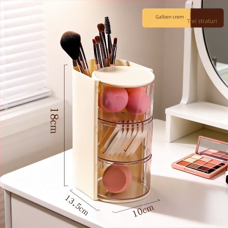 Cutie de depozitare pentru instrumente cosmetic cu capac rotativ, organizator multi-nivel pentru bureți de pudră, din plastic, stil lux ușor