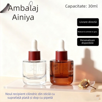 Sticluță cu pipetă din sticlă, suflare manuală, cu umăr cilindric plat, pentru ulei esențial; finisaje de suprafață: acoperire cu pulverizare, ștanțare la cald, electroplacare; opțiuni de personalizare.