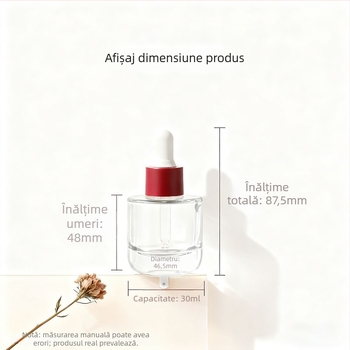 Sticluță cu pipetă din sticlă, suflare manuală, cu umăr cilindric plat, pentru ulei esențial; finisaje de suprafață: acoperire cu pulverizare, ștanțare la cald, electroplacare; opțiuni de personalizare.