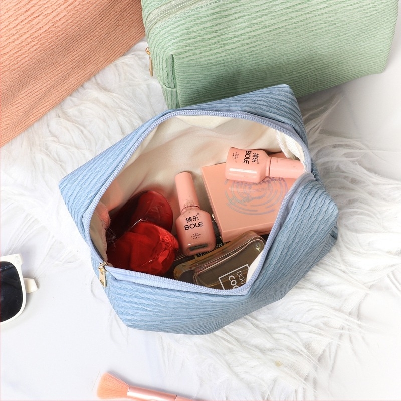 Geantă octagonală din piele pentru cosmetice, cu imprimeu în carouri și căptușeală cu textură piele de piersică, pentru depozitarea cosmeticelor