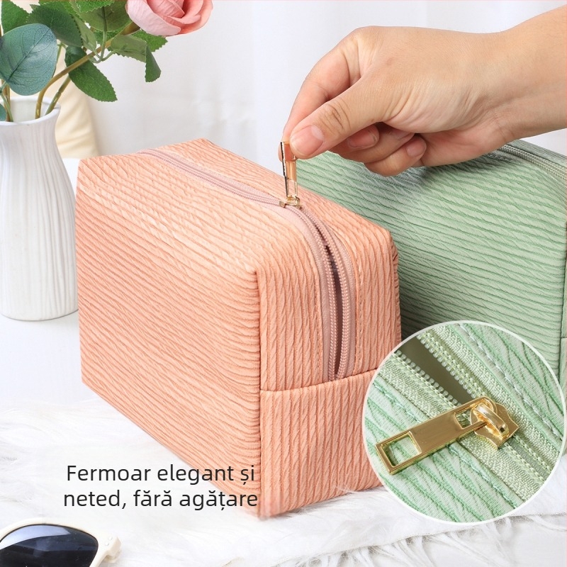 Geantă octagonală din piele pentru cosmetice, cu imprimeu în carouri și căptușeală cu textură piele de piersică, pentru depozitarea cosmeticelor