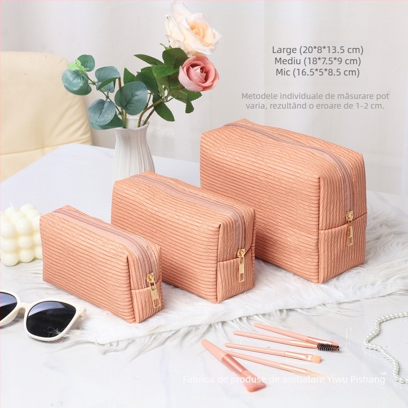 Geantă octagonală din piele pentru cosmetice, cu imprimeu în carouri și căptușeală cu textură piele de piersică, pentru depozitarea cosmeticelor