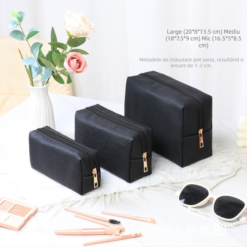 Geantă octagonală din piele pentru cosmetice, cu imprimeu în carouri și căptușeală cu textură piele de piersică, pentru depozitarea cosmeticelor
