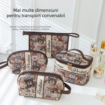 Geantă de cosmetică cu ursuleț desen animat drăguț - capacitate mare, portabilă pentru călătorii, poliester, respirabilă, ușoară, unisex, stil urban minimalist