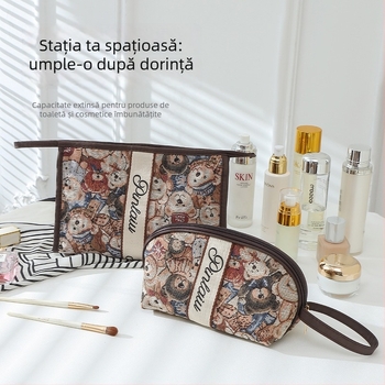 Geantă de cosmetică cu ursuleț desen animat drăguț - capacitate mare, portabilă pentru călătorii, poliester, respirabilă, ușoară, unisex, stil urban minimalist