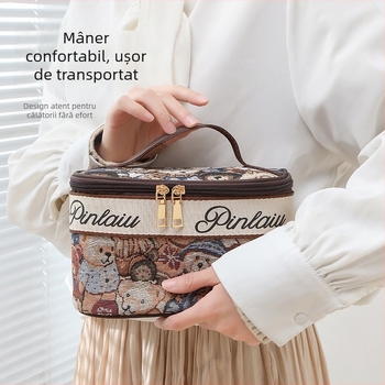Geantă de cosmetică cu ursuleț desen animat drăguț - capacitate mare, portabilă pentru călătorii, poliester, respirabilă, ușoară, unisex, stil urban minimalist