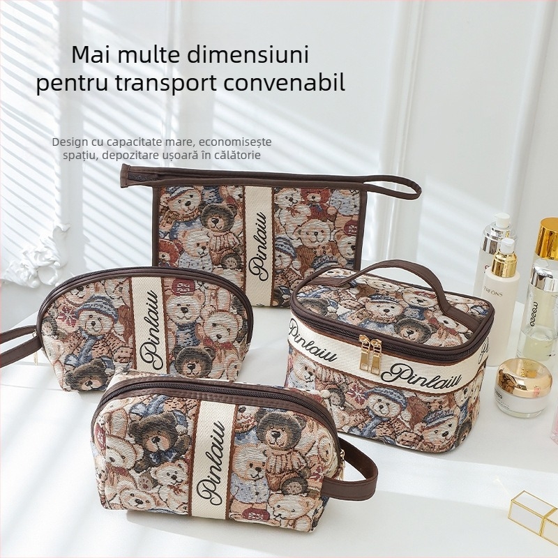 Geantă de cosmetică cu ursuleț desen animat drăguț - capacitate mare, portabilă pentru călătorii, poliester, respirabilă, ușoară, unisex, stil urban minimalist