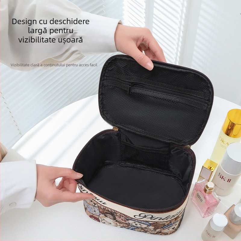 Geantă de cosmetică cu ursuleț desen animat drăguț - capacitate mare, portabilă pentru călătorii, poliester, respirabilă, ușoară, unisex, stil urban minimalist