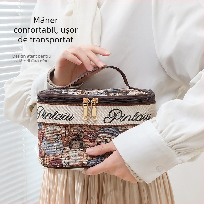 Geantă de cosmetică cu ursuleț desen animat drăguț - capacitate mare, portabilă pentru călătorii, poliester, respirabilă, ușoară, unisex, stil urban minimalist