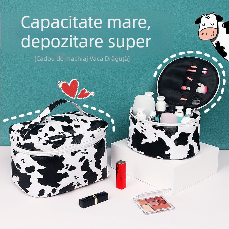 Gențiță de cosmetice din PU cu model lapte, căptușeală poliester, transfer termic, unisex