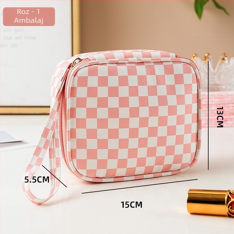 Sac de depozitare cu model carouri, material PU, căptușeală din poliester, stil urban simplu, ultra-ușor și rezistentă