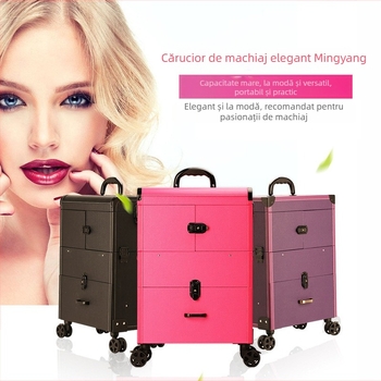 Cutie de machiaj cu mâner retractabil, design multistrat, roti universale, închidere cu lacăt, material PU