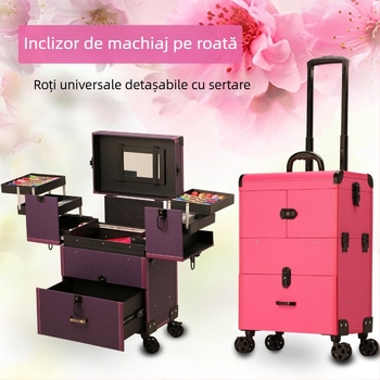 Cutie de machiaj cu mâner retractabil, design multistrat, roti universale, închidere cu lacăt, material PU
