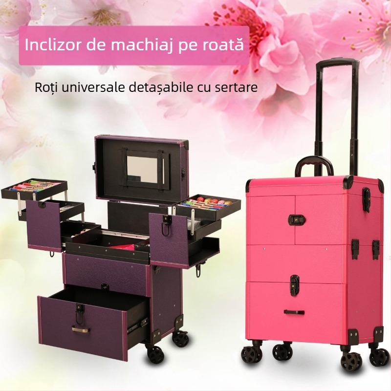 Cutie de machiaj cu mâner retractabil, design multistrat, roti universale, închidere cu lacăt, material PU