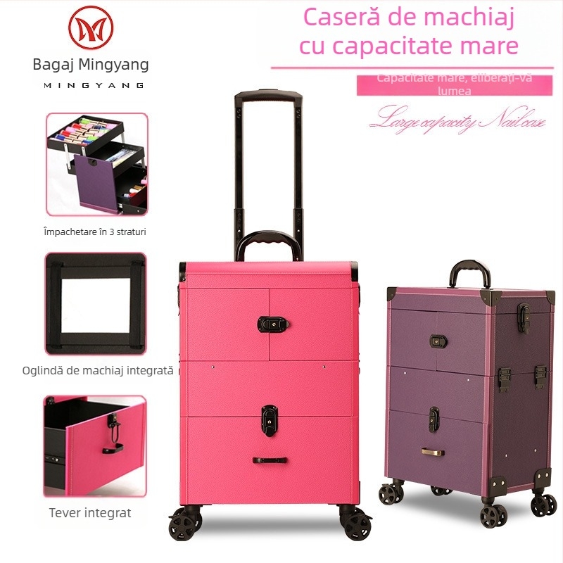 Cutie de machiaj cu mâner retractabil, design multistrat, roti universale, închidere cu lacăt, material PU