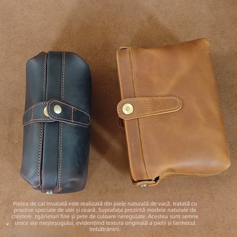 Geantă de voiaj pentru cosmetică - piele din primul strat, căptușeală din piele naturală, accent retro, organizator feminin de călătorie