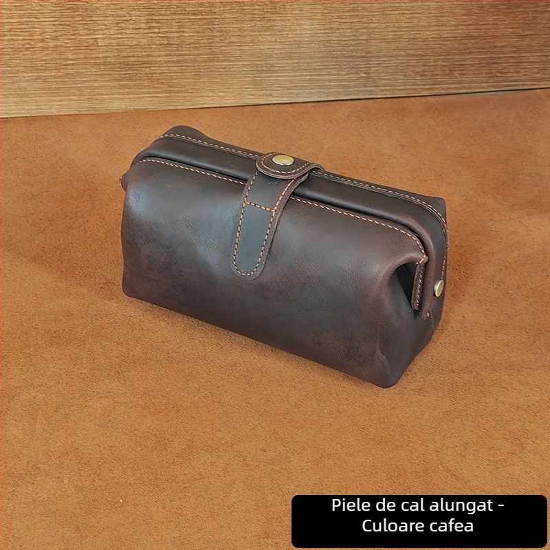 Geantă de voiaj pentru cosmetică - piele din primul strat, căptușeală din piele naturală, accent retro, organizator feminin de călătorie