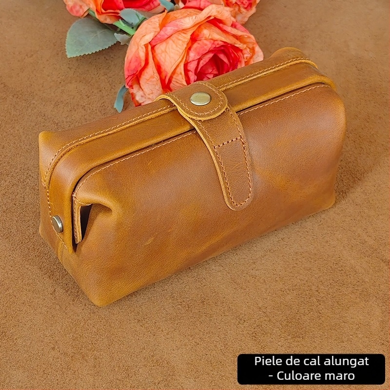 Geantă de voiaj pentru cosmetică - piele din primul strat, căptușeală din piele naturală, accent retro, organizator feminin de călătorie